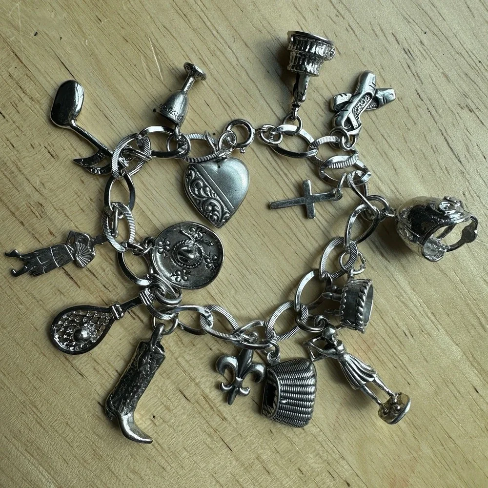 VTG Charm‎ Bracelet 6.5 Inch Sport Western Cross Heart Travel 925 Sterling 37.6g